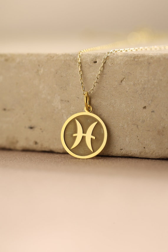 14k Solid Gold Pisces Necklace Zodiac Pisces Gold Pendant Fish