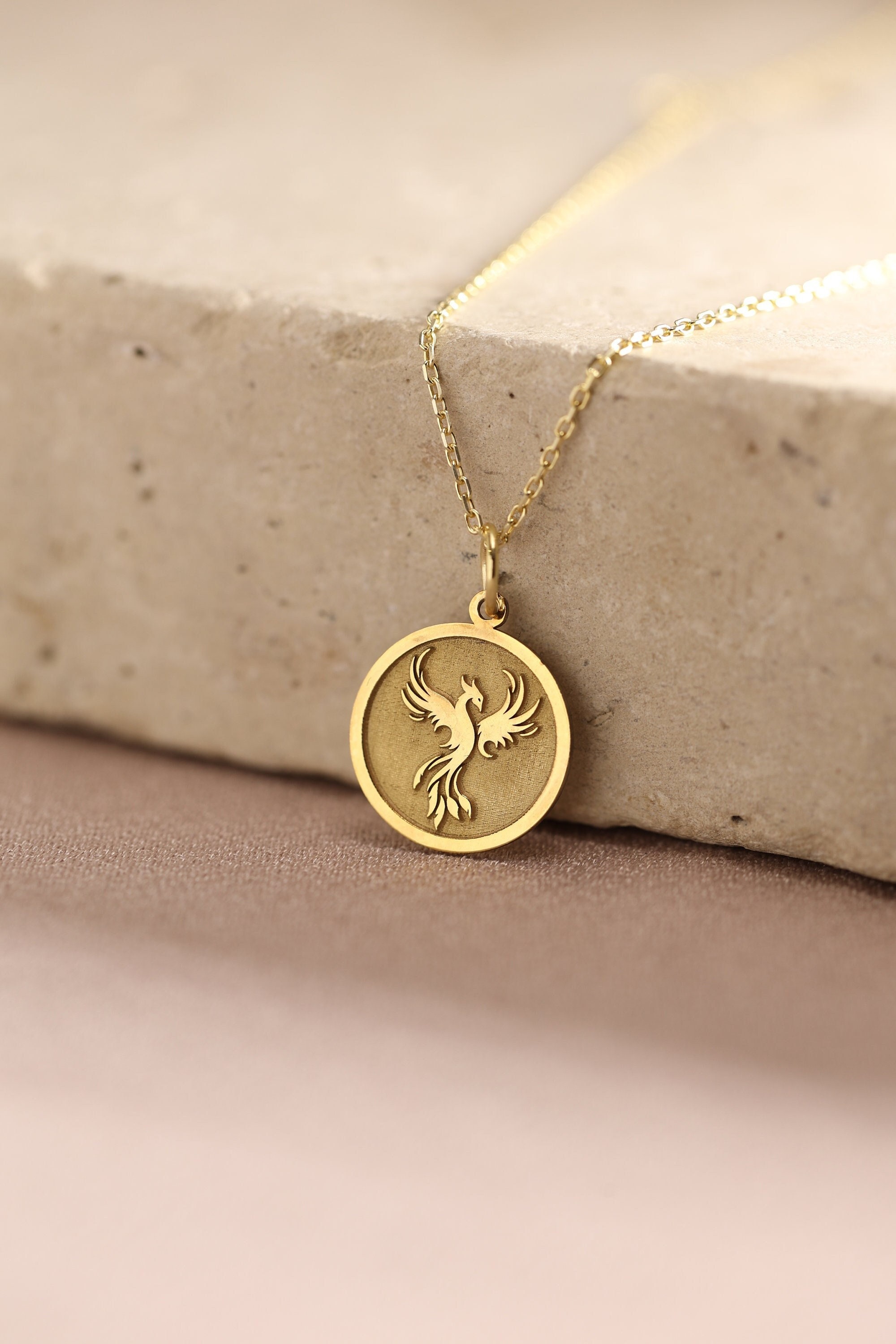 14K Solid Gold Phoenix Necklace, Gold Fire Bird Pendant