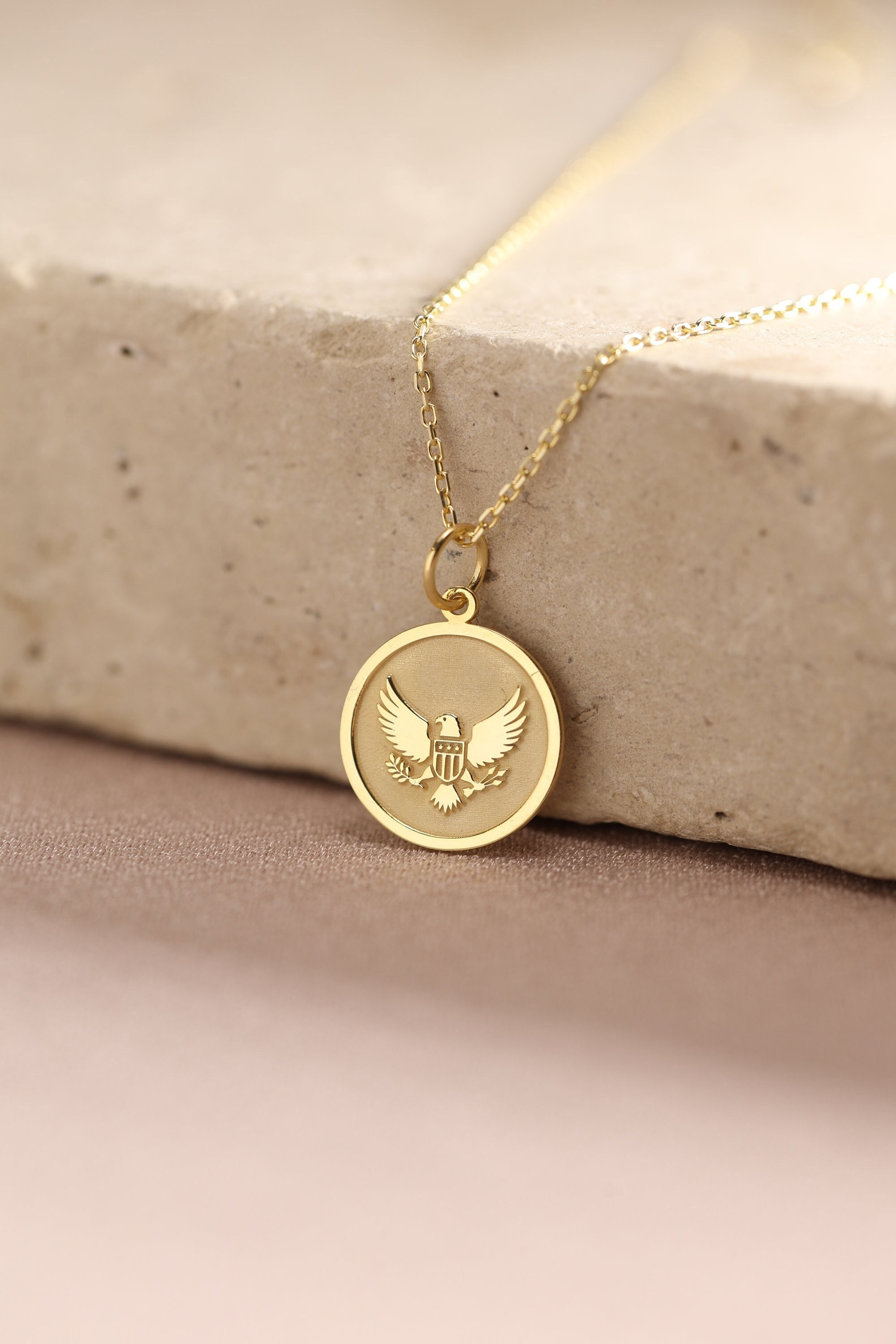 14k Solid Gold Eagle Necklace , Personalized Eagle Pendant