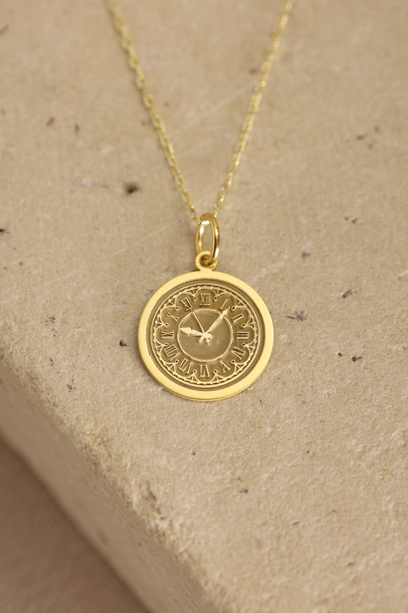 14k Solid Gold Clock Necklace Personalized Vintage Clock Etsy