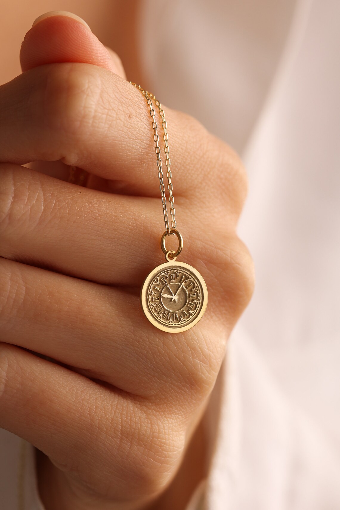 14k Solid Gold Clock Necklace Personalized Vintage Clock Etsy