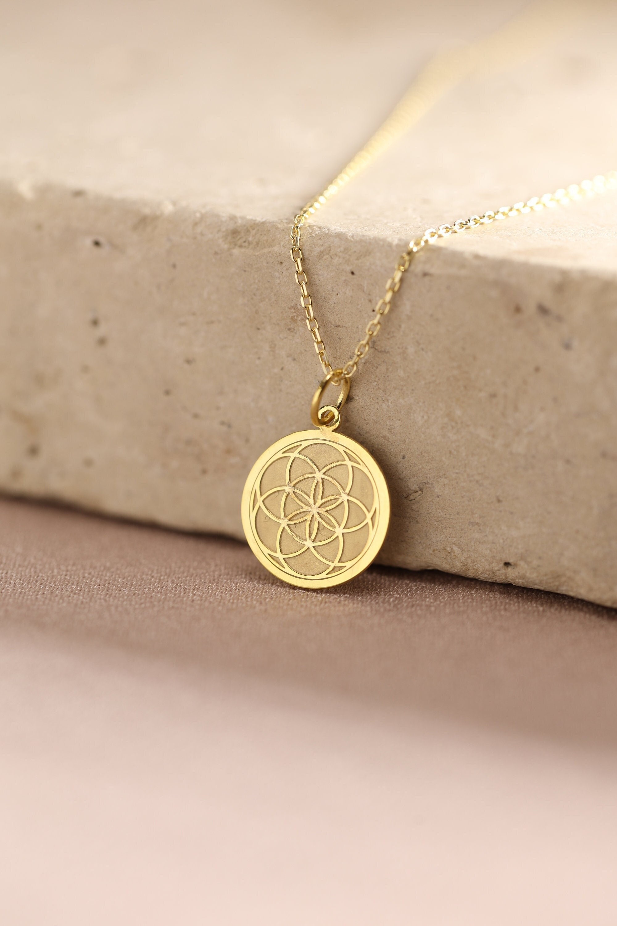 14k Solid Gold Seed of Life Necklace , Personalized Seed of Life Pendant , Flower Charm Pendant , Sacred Geometry Pendant , Birthday Gift