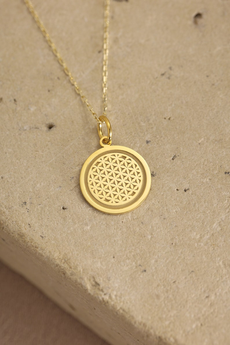 14k Solid Gold Flower Of Life Necklace , Seed of Life Necklace, Personalized Flower Of Life Pendant , Flower Of Life Symbol , Tree Mom Gift image 2