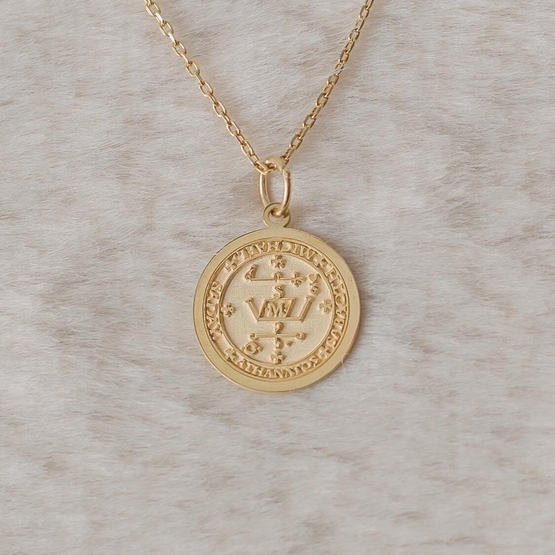 14k Solid Gold Archangel Michael Seal Necklace ,Spiritual Protection Pendant , Guardian Angel Jewelry, Religious Gift ,Birthday Gift