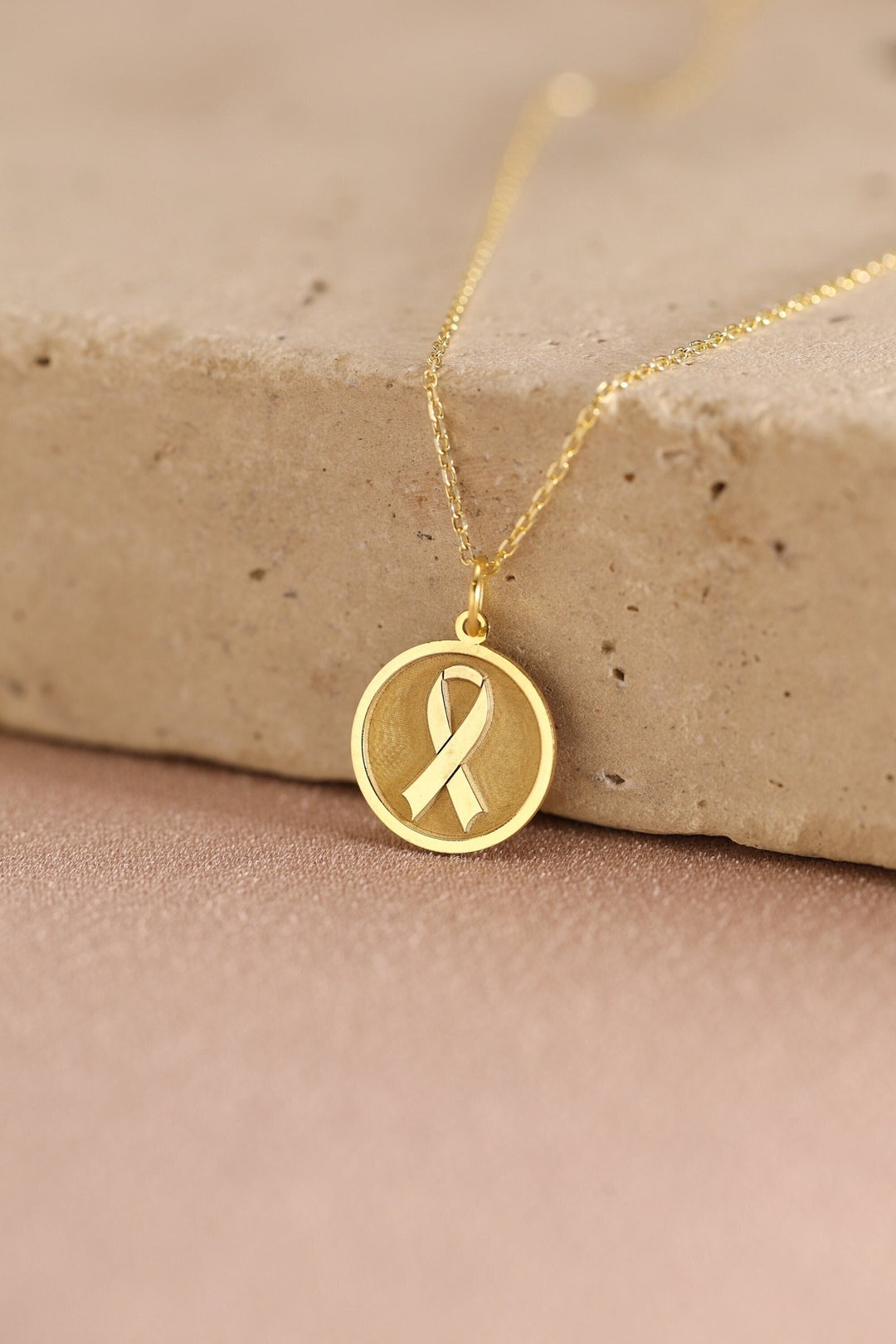 14k Solid Gold Awareness Ribbon Necklace , Personalized Cancer Ribbon