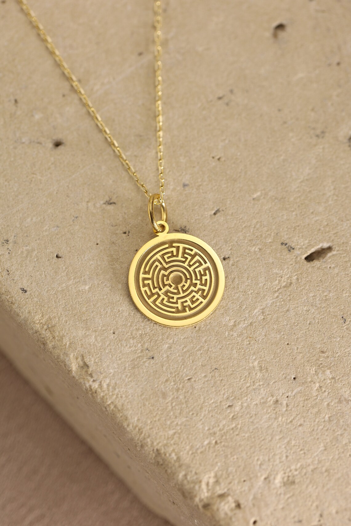 Labyrinth Charm 14k Solid Gold Maze Necklace , Pesronalized Labyrinth Pendant , Dainty ...