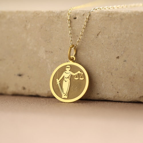 14k Solid Gold Lady Justice Necklace , Personalized Lady Justice