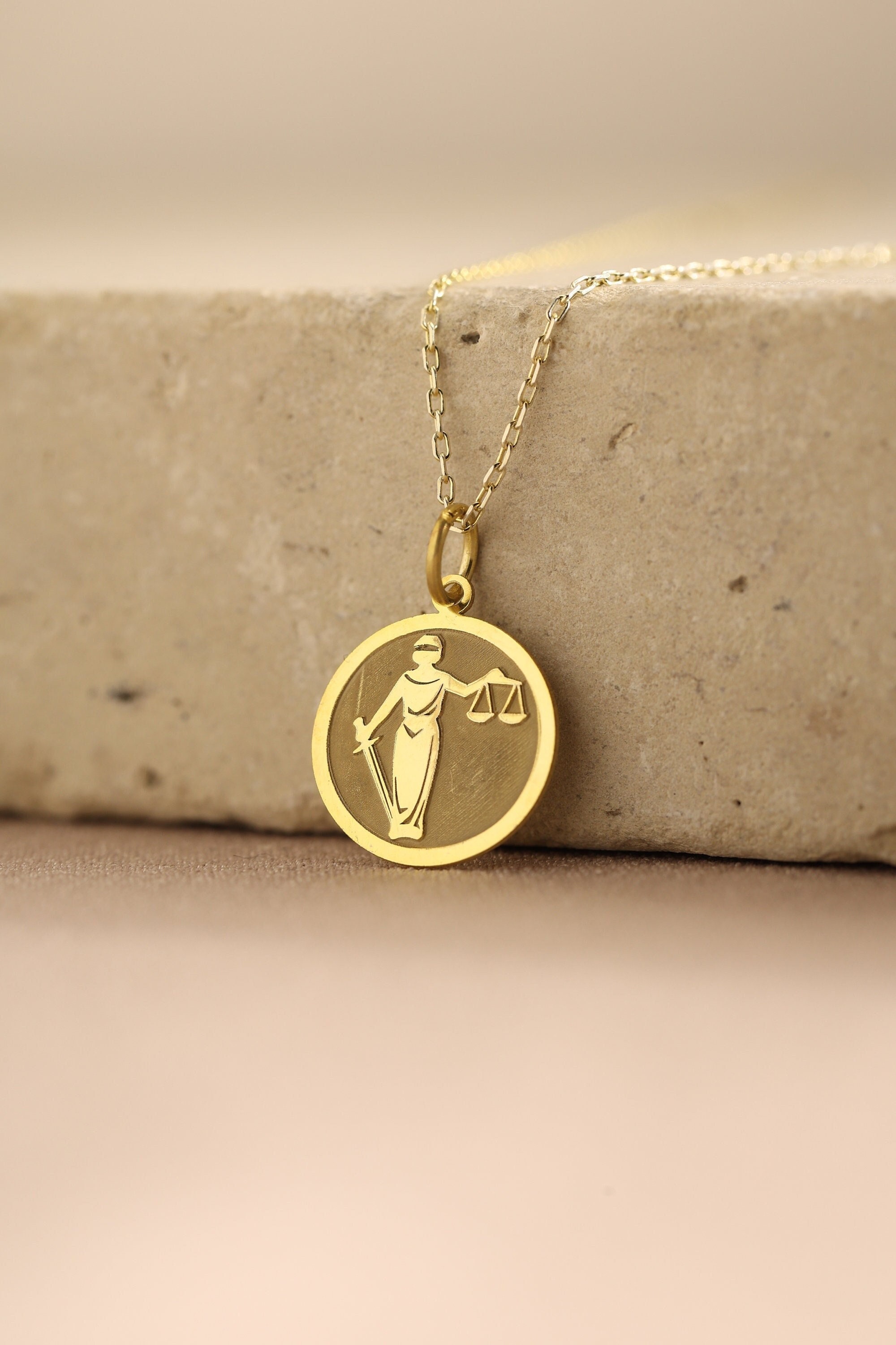 14k Solid Gold Lady Justice Necklace , Personalized Lady Justice