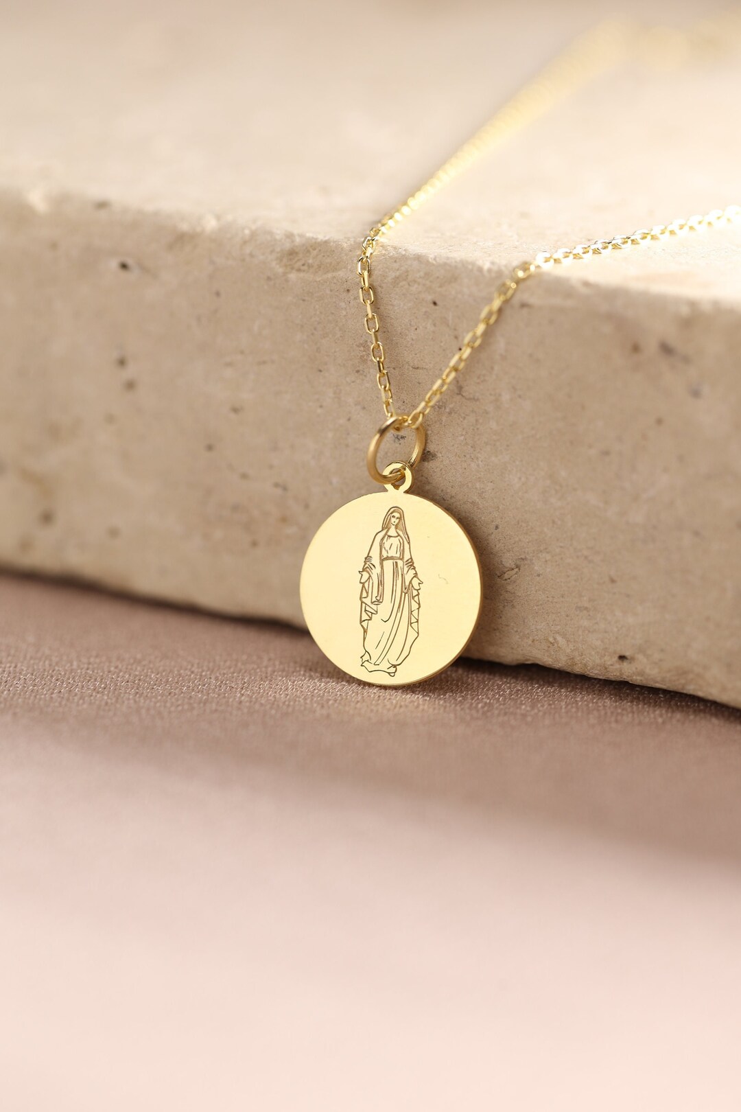 14k Solid Gold Virgin Mary Necklace , Personalized Mother Mary ...