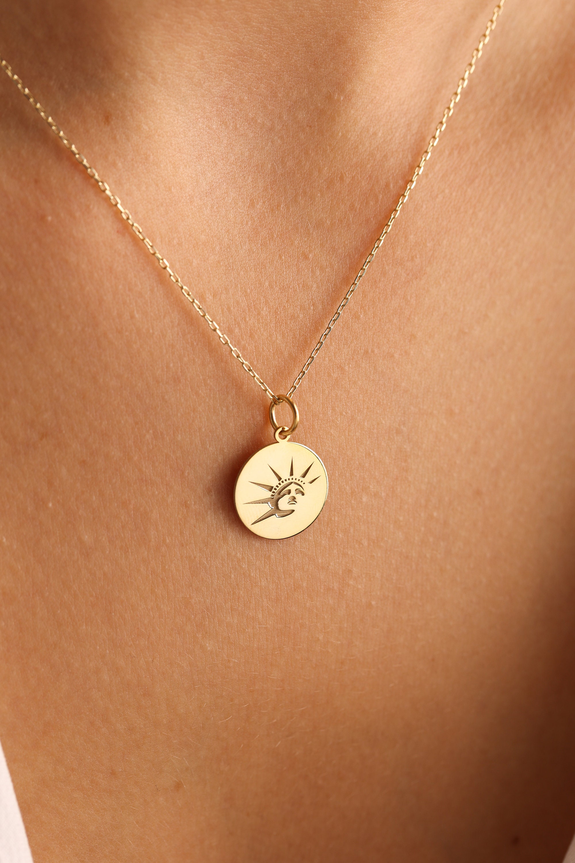 14k Solid Gold Statue of Liberty Necklace , Personalized