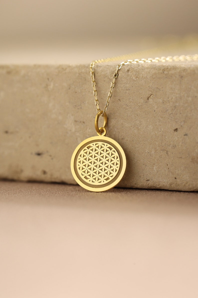 14k Solid Gold Flower Of Life Necklace , Seed of Life Necklace, Personalized Flower Of Life Pendant , Flower Of Life Symbol , Tree Mom Gift image 1