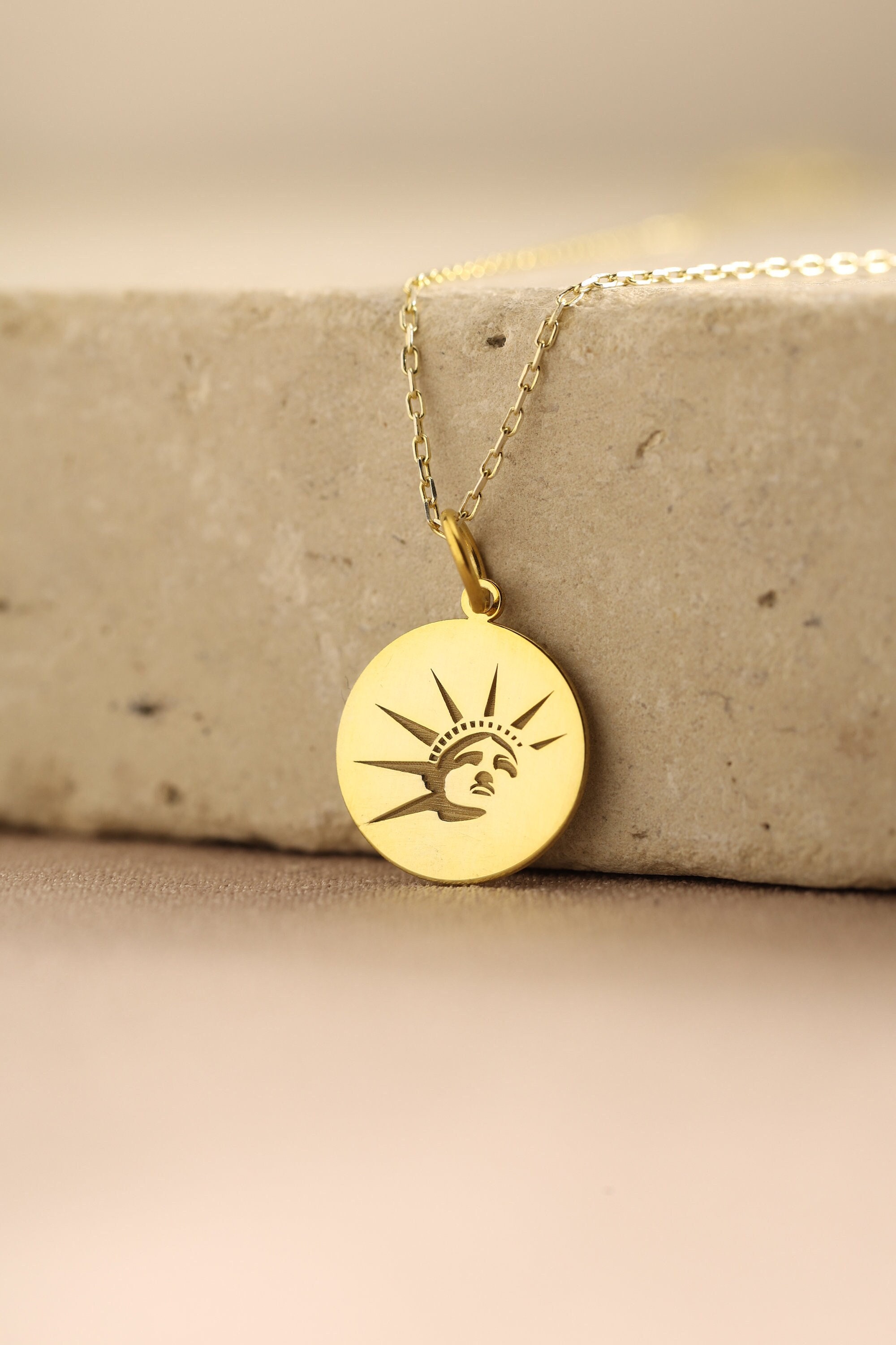 14k Solid Gold Statue of Liberty Necklace , Personalized