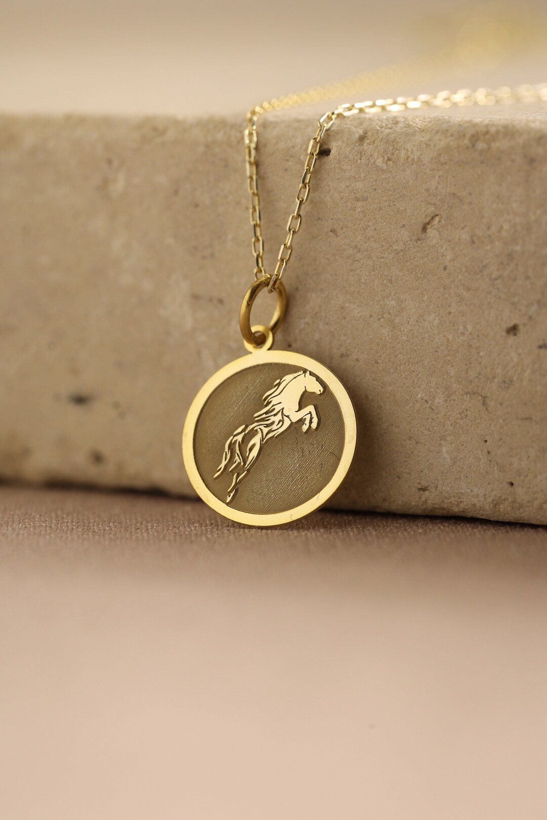 14k Solid Gold Horse Necklace , Animal Charm Jewellery , Running Horse