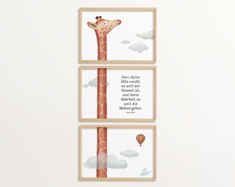 Conjunto de carteles cristianos de 3 con jirafa y versículos de la Biblia (Salmo 36:6), decoración de la pared para el vivero, formatos A3, A4