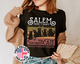 Maglietta Salem Witch, maglietta Wayward Cats, maglietta Salem Sanctuary Cat, maglietta Halloween Witches Broom Cat, maglietta Black Cat Witchcraft