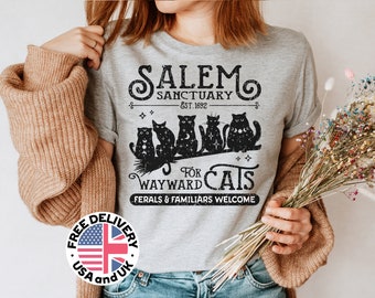 Maglietta Salem Witch, maglietta Wayward Cats, maglietta Salem Sanctuary Cat, maglietta Halloween Witches Broom Cat, maglietta Black Cat Witchcraft