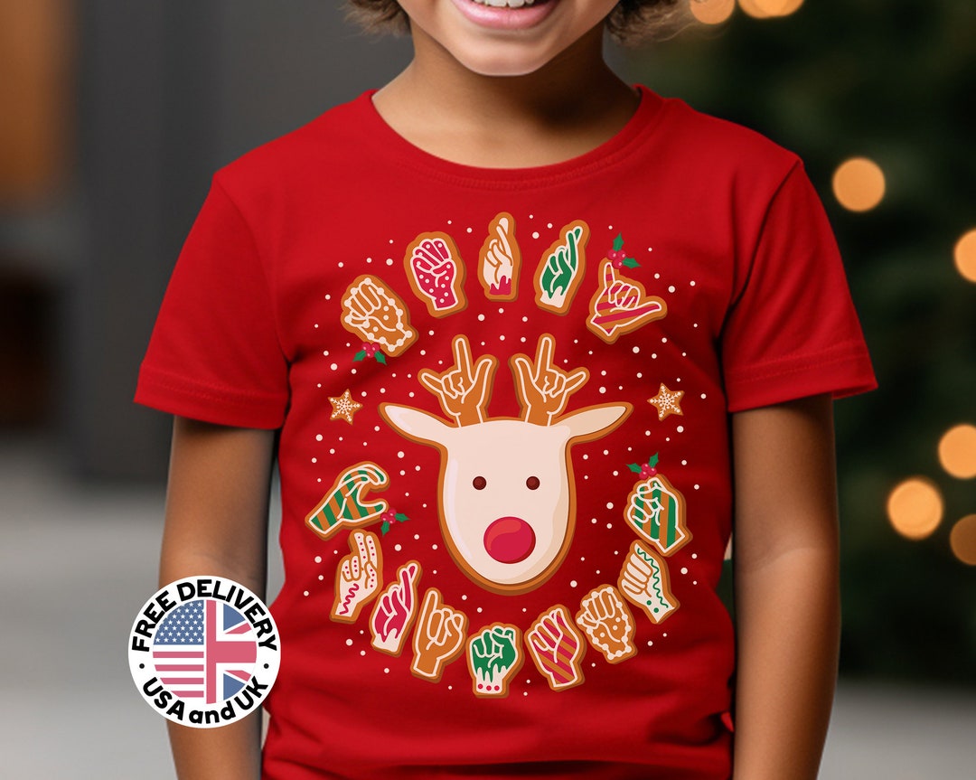 ASL Christmas Reindeer Shirt, Kids Xmas Rudolph Hand Sign Language ...