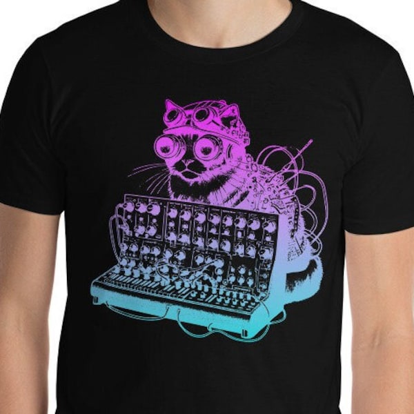 Cat Playing a Synthesizer, Neon Cats On Synthesizers In Space, Music lover, Cat lover, Keyboard Player, Analog steampunk cat, Music producer