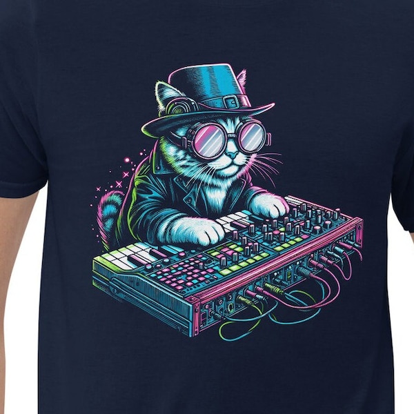 Steampunk Cat Playing a Synthesizer, Neon Cats On Synthesizers In Space, Music lover, Cat lover, Keyboard Player, Analog Synth Musician