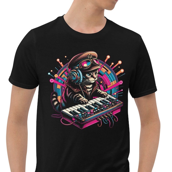 Retro Cat Playing a Synthesizer, Neon Cats On Synthesizers In Space, Cat Music lover, Keyboard Player, Analog Steampunk cat, Music producer
