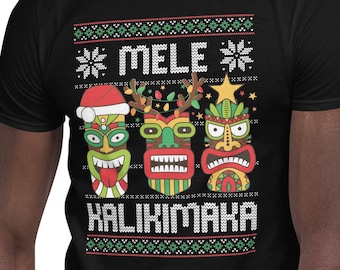 Maglietta Mele Kalikimaka, maglietta natalizia Tiki Hawaii, maglietta natalizia Ugly Christmas Sweater, maglietta natalizia Hawaii, maglietta natalizia tropicale