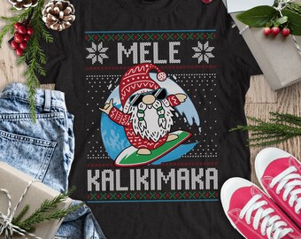 Mele Kalikimaka Shirt, Surfing Santa Hawaii Christmas Shirt, Merry Christmas Hawaiian Surfer Holiday Shirt, Family Christmas Vacation Tee