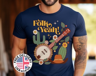 Retro Banjo T-Shirt, Funny Folk Yeah! Banjo t shirt, Banjo player, Retro bluegrass, Groovy Banjo t-shirt, Country music shirt, Banjo gift
