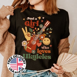 Just a Girl who loves Ukulele T-Shirt, Groovy Ukulele Lover Shirt, Retro Ukulele Uke Player, Ukulele Instrument Gift, Ukulele Clothing