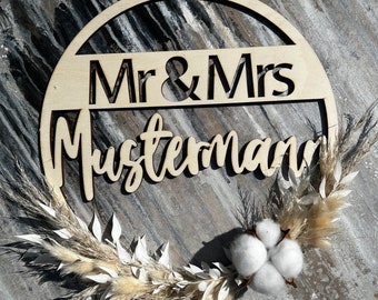 Türschild Boho Willkommen Trockenblumen Flowerhoop Familie individuell Hochzeit Mr & Mrs