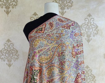 Pure Pashmina Kalamkari Jamawar Shawl with Sozni Hand-Embroidery(BIG 275CM X 140CM), Traditional Kashmiri Indian Ethnic Drape, Cashmere Wrap