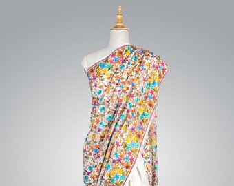 Colorful Crepe Saree, Floral Kashmiri Saree, Artisan Embraided Aari Saree, Spring Saree For Women, Traditional Kashmiri Saree,Handmade Saree