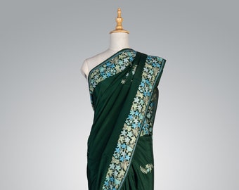 Emerald Green Saree, Pure Crepe Women Saree, Kashmiri Aari Saree, Embroidered Indian Saree, Formal Saree, Party Wear Saree, Designer Saree