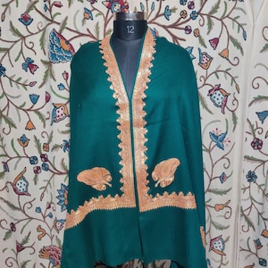 Kashmiri Tilla Embroidery Woolen Shawl, Kashmiri Embroidered Wrap/Shawl , Goldwork Embroidery Wrap , Kashmiri Shawl For Women, Tilla Shawl