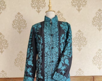 Long Kashmiri Jacket With In Blue With Floral Embroidery - Customizable Women Coat - Luxury Kashmiri Embroidered Indian Coat Of Pure Wool