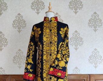 Luxury Kashmiri Jacket Floral Embroidered In Black And Gold - Wool Kashmir Jacket For Women - Traditional Artisan Made Indian Kashmiri Coat