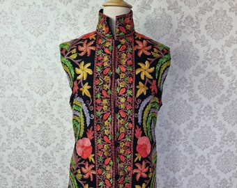 Embroidered Nehru Jacket, Sleeveless Kashmiri Jacket, Chain Stitch Coat, Floral Coat, Indian Jacket, Bohemian Jacket, Wedding Ethnic Coat