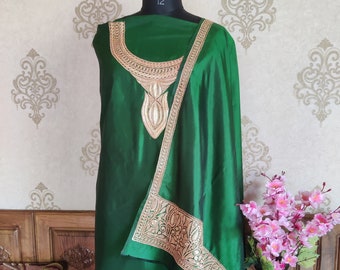 Pure Silk Kashmiri Suit With Heavy Tilla Embroidery On Sleeves , Embroidered Salwar Suit ,Designer Salwar Suits , Party Wear Salwar Suits