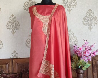 Pure Silk Kashmiri Suit With Heavy Tilla Embroidery On Sleeves , Embroidered Salwar Suit ,Designer Salwar Suits , Party Wear Salwar Suits