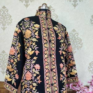 Embroidered Kashmiri Jacket, Black Floral Coat, Kashmiri Coat, Aari Embroidery Coat, Pure Wool Jacket, Spring Floral Coat, Boho Indian Wear