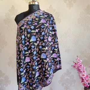 Kashmiri Woolen Shawl With All Over Aari Embroidery , Kashmiri Embroidered Scarf , Customizable Shawl , Boho Shawl