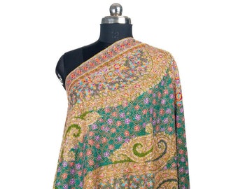 Reiner Pashmina-Schal mit schwerer Sozni-Handstickerei, Designer-Kashmiri-Schal, traditionelle indische ethnische Drape-Kaschmir-Wrap, bunte Stola