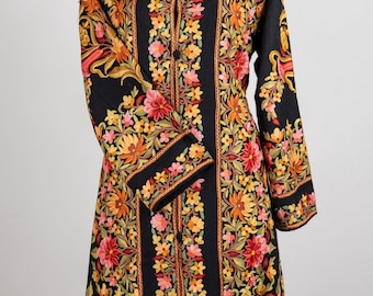 Blossoms on Midnight – Aari Hand-Embroidered Long Jacket in Pure Wool