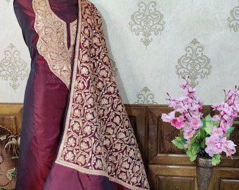 Pure Silk Kashmiri Suit With Heavy Tilla Embroidery On Dupatta, Kashmiri Embroidered Suit, Kashmiri Salwar Kameez, Punjabi Suit For Women