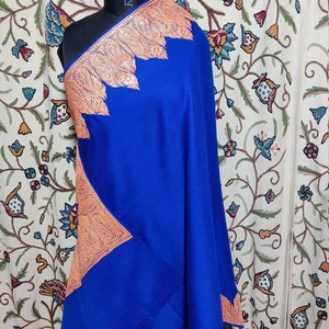 Kashmiri Shawl In Blue And Gold, Tilla Shawl With Kashmiri Embroidery, Kashmiri Wrap, Pure Wool Indian Shawl, Wedding Shawl, Woolen Wrap