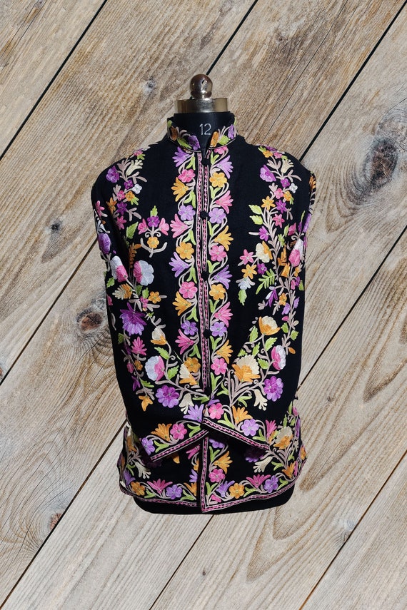 Kashmiri Embroidery Woolen Jacket With All Over Multi Colour Floral embroidery , Customizable Floral Embroidered Coat , Women Jacket