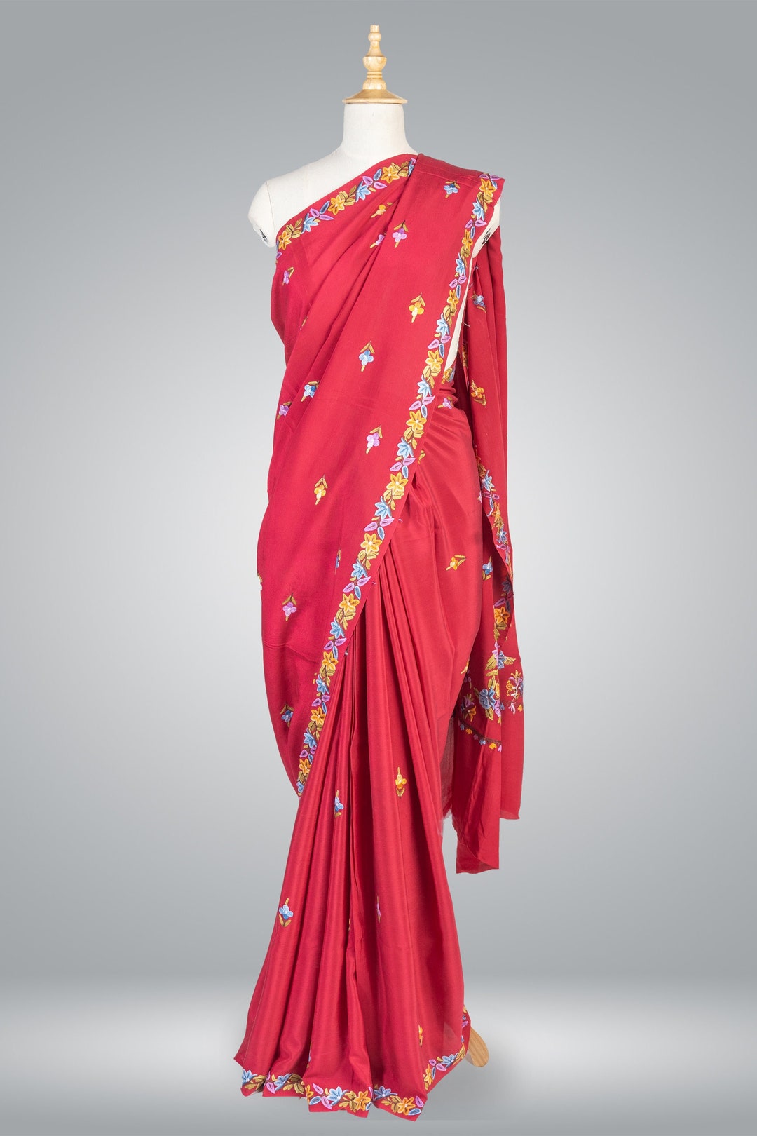 Sari Handwork Red Saree With Florals, Kashmiri Saree, Embroidered Indian Saree ...