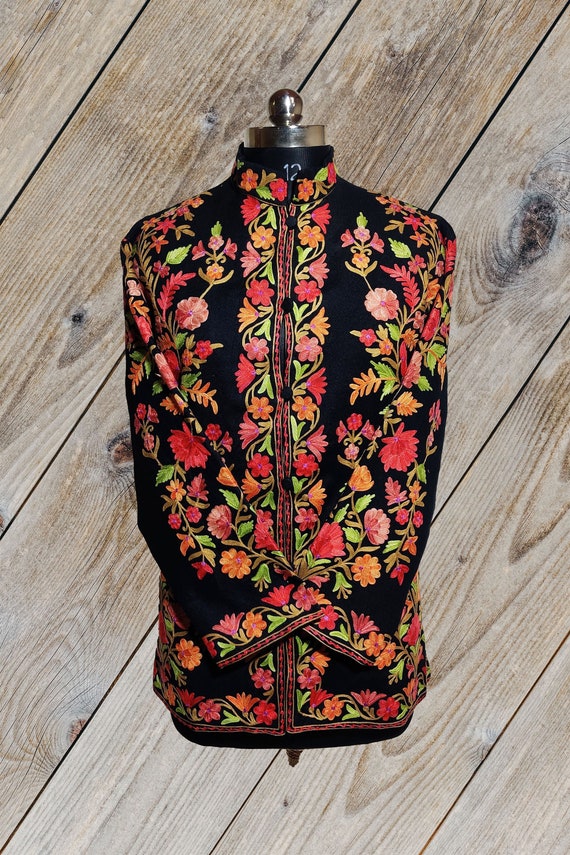 Kashmiri Embroidery Woolen Jacket With All Over Multi Colour