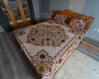 Kashmiri Crewel Hand-Embroidered King-Size Bed Cover Set with Pillow & Cushion Covers