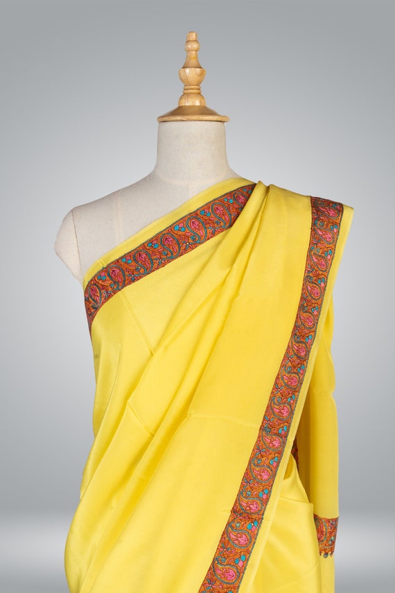 Mustard Kashmiri Saree, Hand Embroidered Crepe Saree , Elegant Indian Saree, Kashmiri Sozni Saree, Designer Saree For Women, Traditional