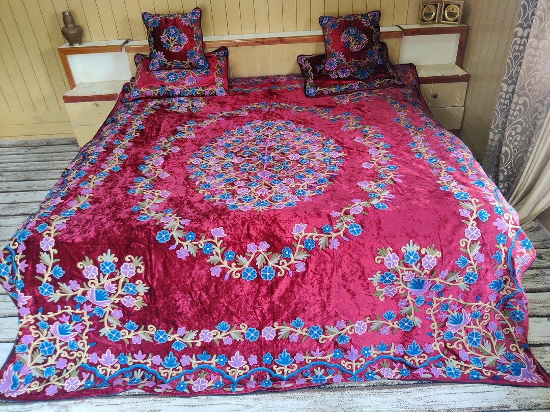 Kashmiri Embroidery Bed Cover, Indian Embroidered Bed Cover, Velvet